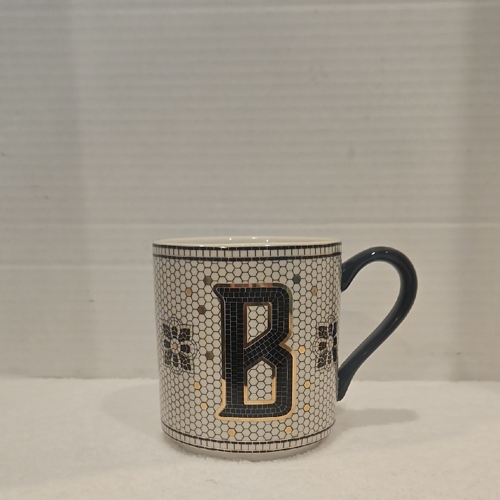 Anthropologie Bistro Tile Stoneware Monogrammed "B" Coffee Tea Mug